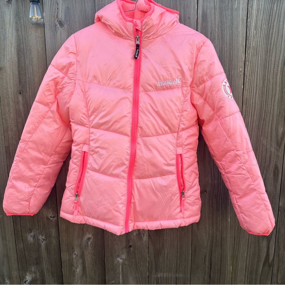 Hurley Pink Hooded Puffer Jacket Girls Sz Large (12-13 Years) Sherpa Lined